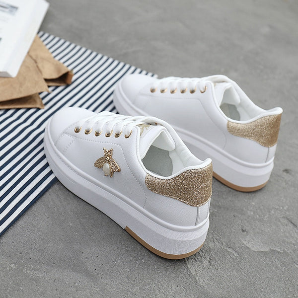 White Casual Sneakers With Bee and Gem Stone