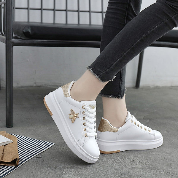 White Casual Sneakers With Bee and Gem Stone