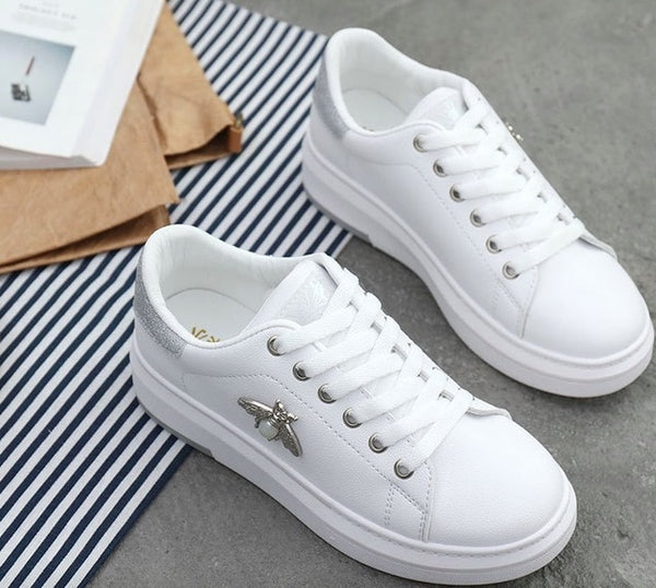 White Casual Sneakers With Bee and Gem Stone