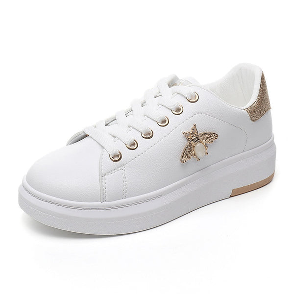 White Casual Sneakers With Bee and Gem Stone