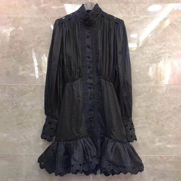 Long Lantern Sleeve Cut Out Ruffle Hem Shirt Dress