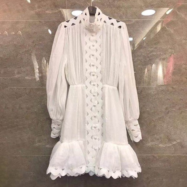Long Lantern Sleeve Cut Out Ruffle Hem Shirt Dress