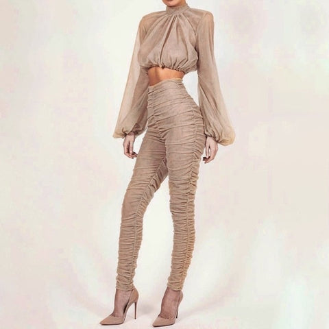 Two Piece Tan Turtleneck Crop Top and Trouser Suits