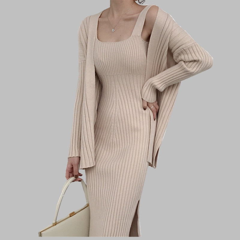 Two Piece Ribbed Knit Midi Dress with Long Sleeve Sweater Robe Cardigan Set Beige / One Size Two Piece Ribbed Knit Midi Dress with Long Sleeve Sweater Robe Cardigan Set Beige / One Size