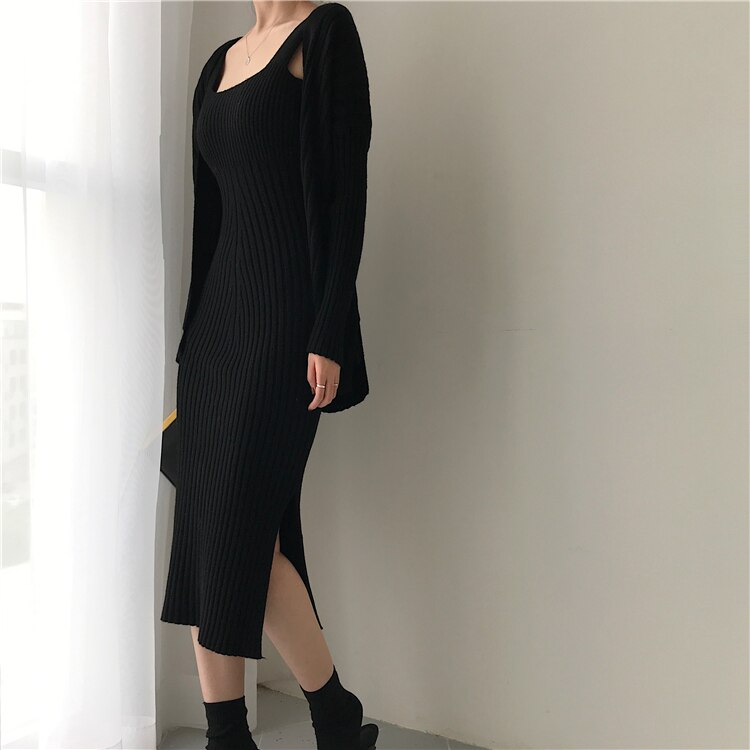 Two Piece Ribbed Knit Midi Dress with Long Sleeve Sweater Robe