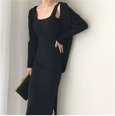 Two Piece Ribbed Knit Midi Dress with Long Sleeve Sweater Robe Cardigan Set Black / One Size