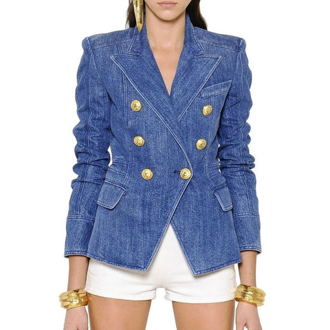 Stylish Denim Blazer Jacket with Gold Lion Buttons