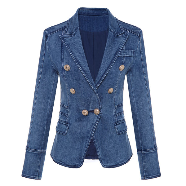 Stylish Denim Blazer Jacket with Gold Lion Buttons
