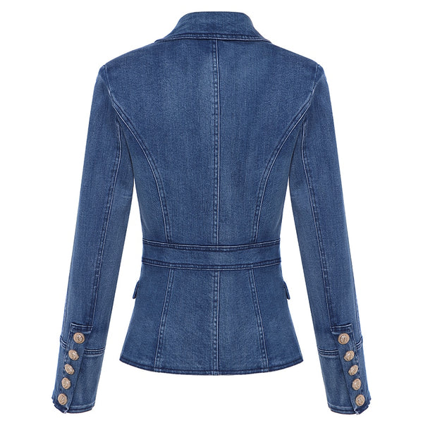 Stylish Denim Blazer Jacket with Gold Lion Buttons