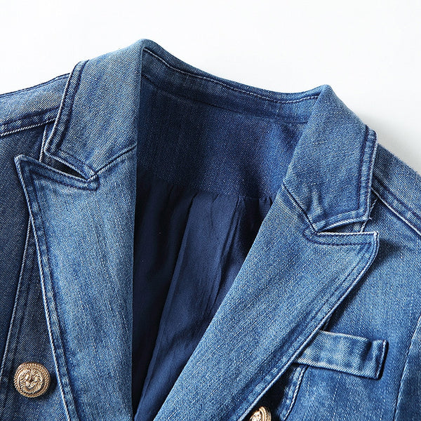 Stylish Denim Blazer Jacket with Gold Lion Buttons