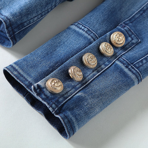Stylish Denim Blazer Jacket with Gold Lion Buttons