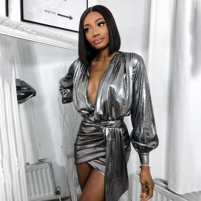silver satin long sleeve dress Azazie Leonia