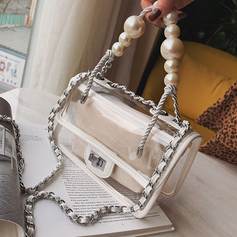 Clear Jelly Flap Handbag With Pearl Straps