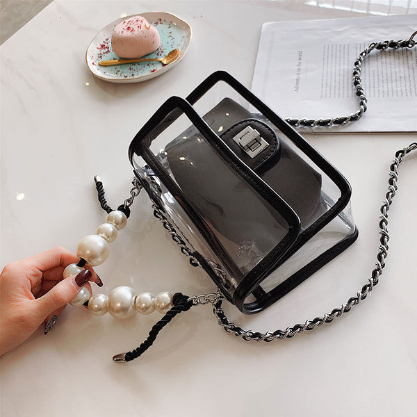 Clear Jelly Flap Handbag With Pearl Straps