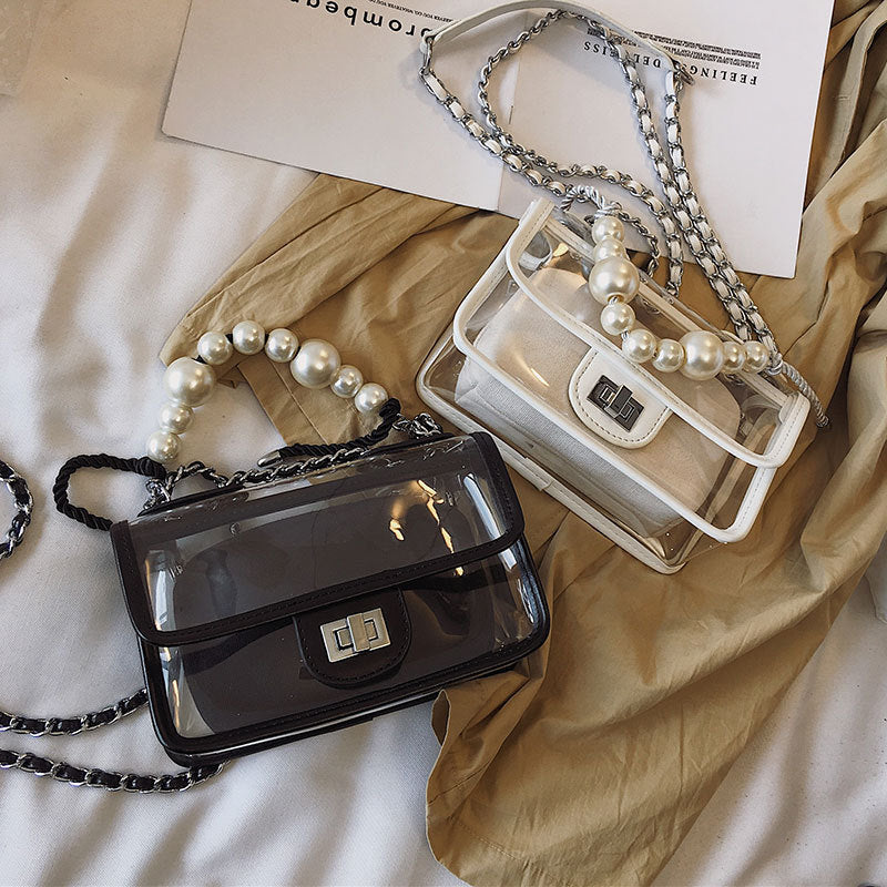 Chanel jelly clear transparent cf bag with pearls handle chain