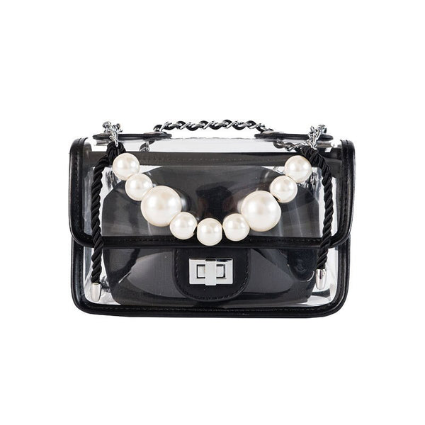 Clear Jelly Flap Handbag With Pearl Straps