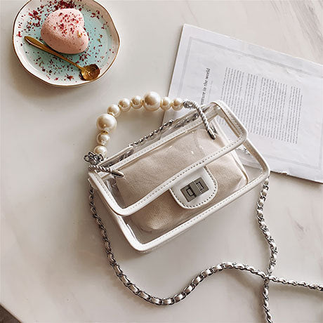 Clear Jelly Flap Handbag With Pearl Straps