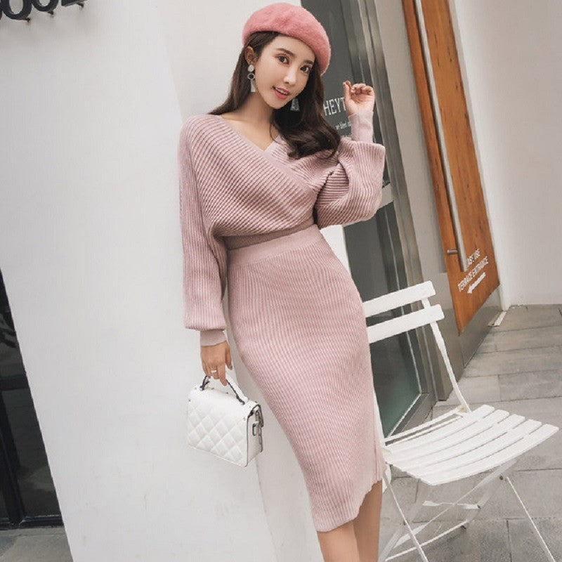 Knitted Two Piece V Neck Sweater and Skirt Suit Set Black / One Size